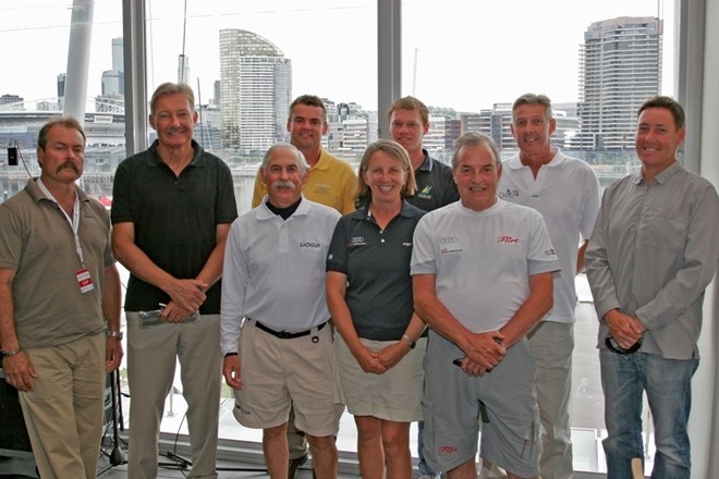 Breakfast with the Stars featured Olympians world champions America’s Cup and around the world sailors - Audi Victoria Week 2010 Back row - Neville Witty, John Bertrand, Darren Bundock, Nathan Outteridge, Rob Brown and Nick Moloney.  Front row is: Dave Ullman, Adrienne Cahalan and Andrew Plympton. © Teri Dodds http://www.teridodds.com